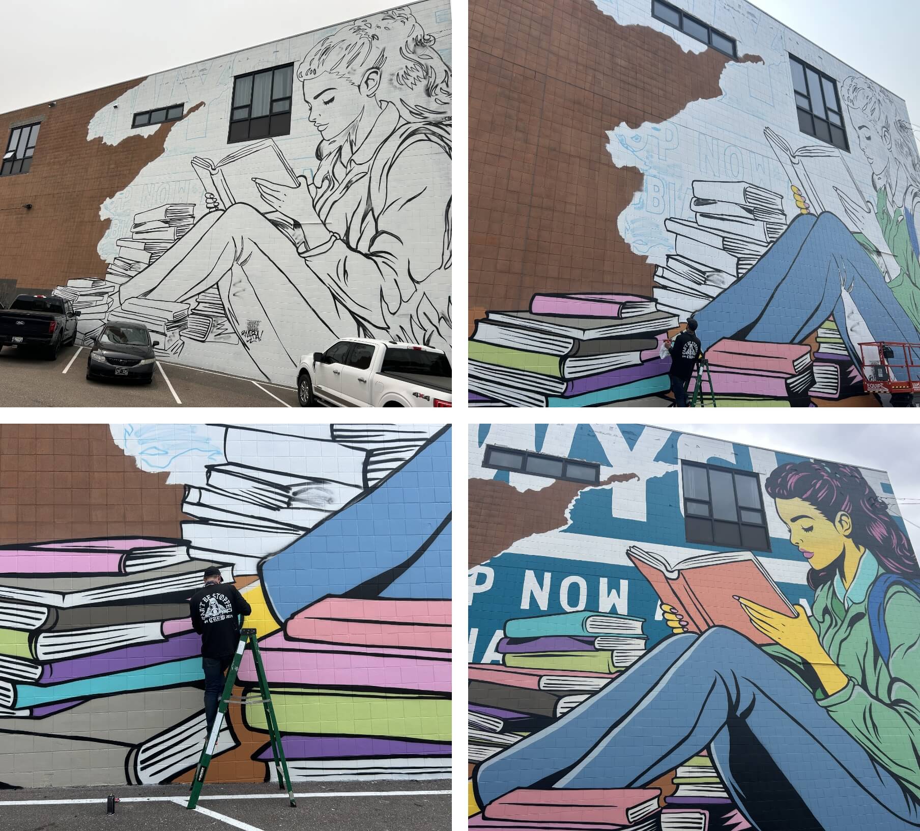 Progress shots of artist painting a large mural of a woman reading a book