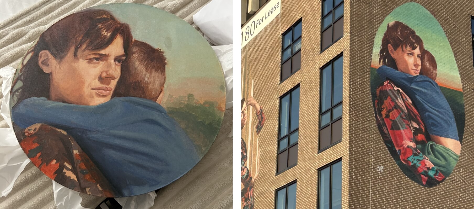 Side-by-side view of the original painting and the completed mural of a woman holding a child on a brick building