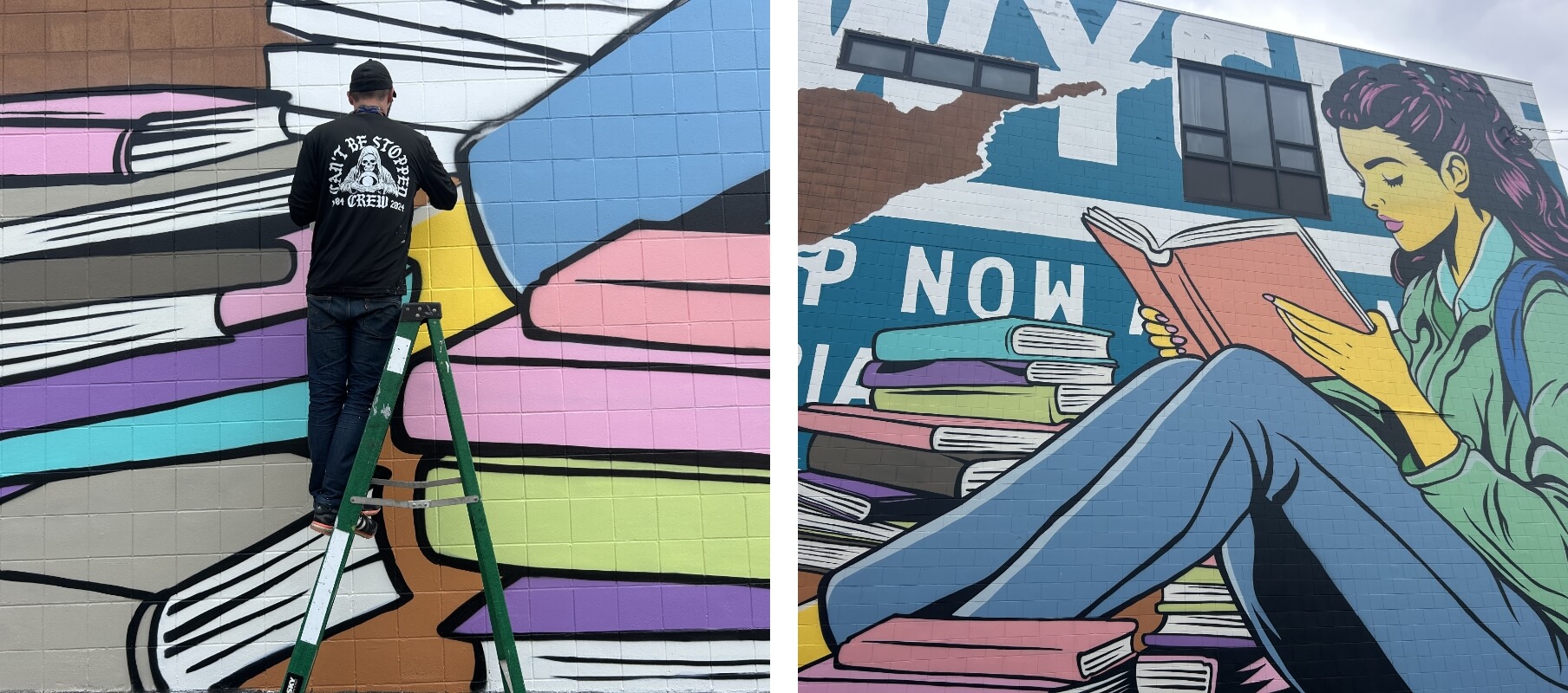 Completed mural of a woman reading a book against a colorful book stack